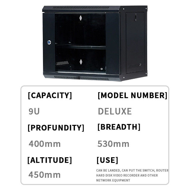 9U شبکه سرور کابینت قفسه محفظه درب پلکس گلاس قفل 400mm عمق، دیوار نصب